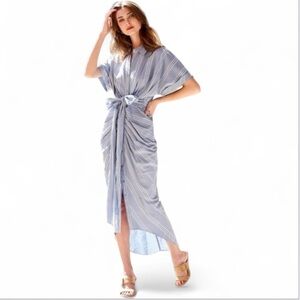 Trish Scully Cotton Maxi Casual Chic Shirt Dress Tie Waist Striped Blue White 2